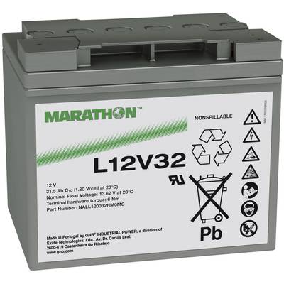 Baterie s nápisem "MARATHON L12V32". 12 V, 31,5 Ah. Vyrobeno v Portugalsku společností GNB Industrial Power. Obsahuje olověný symbol.