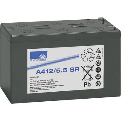 Šedá baterie Sonnenschein, model 'A412/5.5 SR', 12V, s recyklačními a likvidačními symboly na straně.