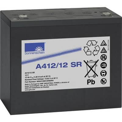 Černá baterie s nápisem 'Sonnenschein A412/12 SR', symboly pro recyklaci a obsah olova, kapacita 12 Ah.