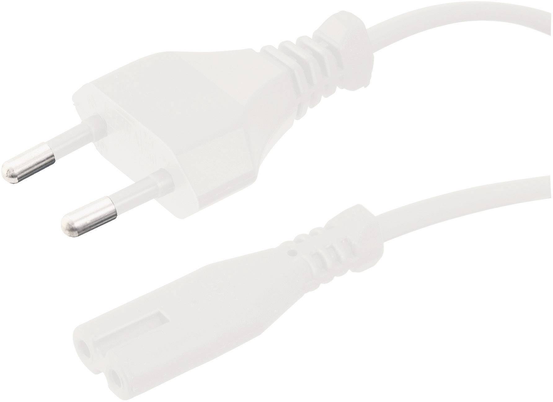 Napájecí kabel s eurozástrčkou, který má dva kulaté kolíky a izolovanou rukojť, vhodný pro evropské elektrické zásuvky.