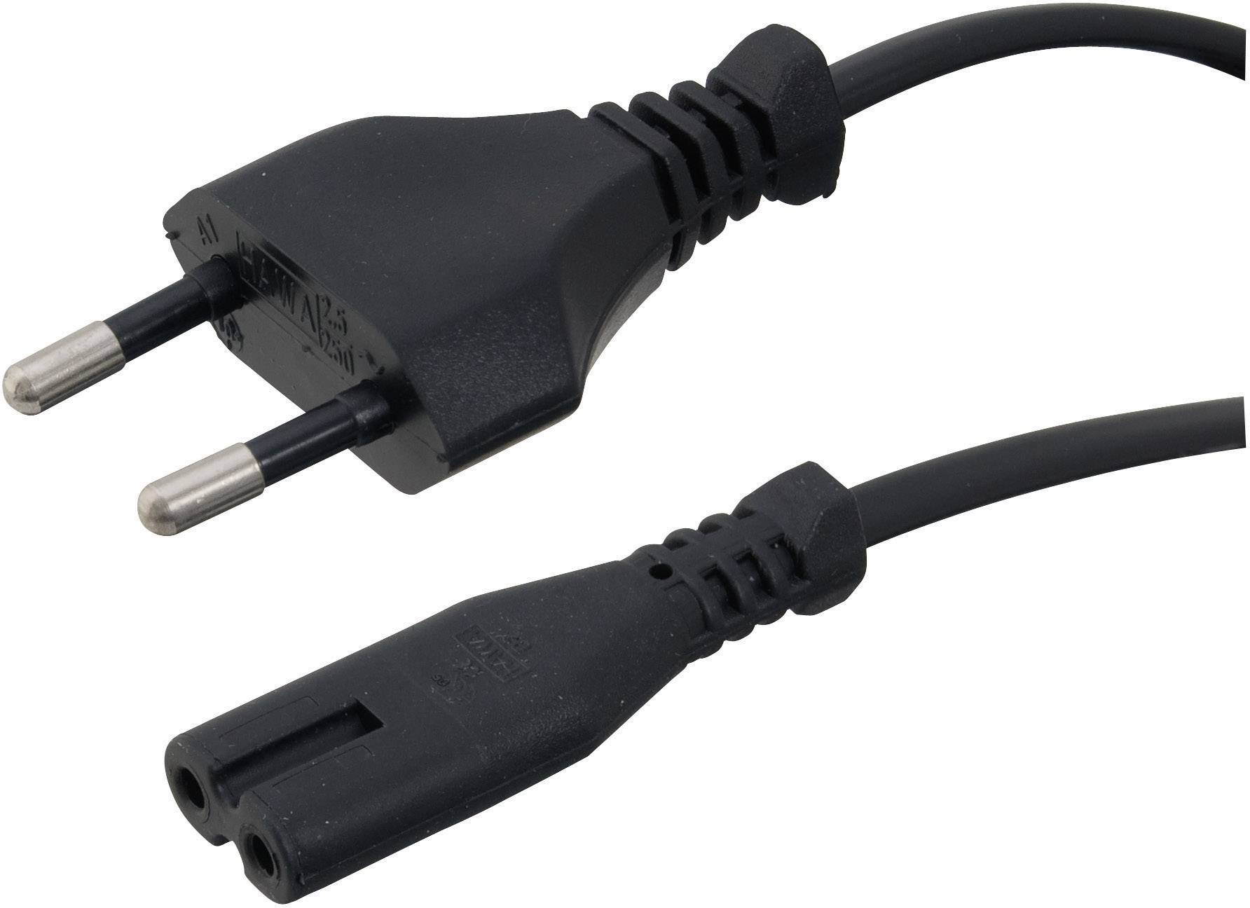 Síťový kabel s eurokonektorem vhodným pro použití v Evropě, který ukazuje zástrčku a protilehlou zásuvku.