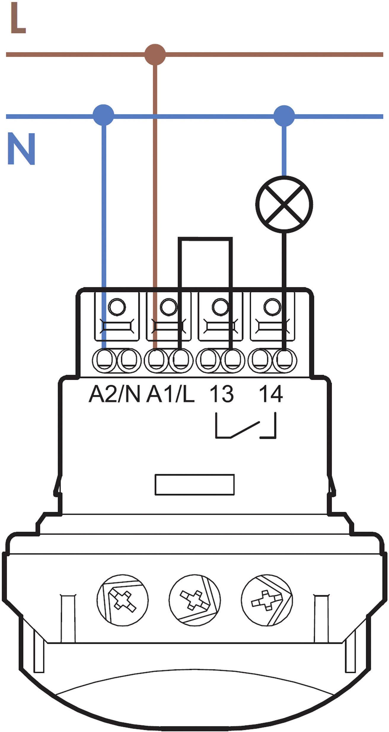 Schéma elektrického relé s vyznačenými vodiči L a N. Vpravo nahoře je připojena žárovka.