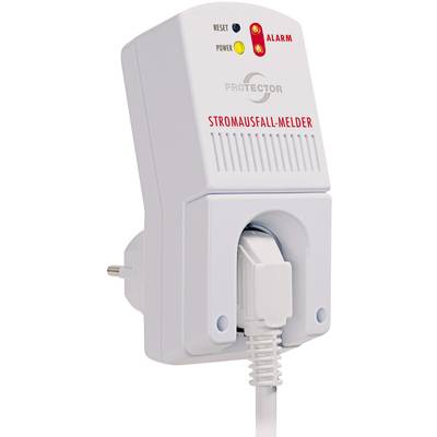 Detektor výpadku elektrického proudu, zasunutý do elektrické zásuvky. Zobrazuje zelené, žluté a červené LED diody pro stavové indikace: 'Reset', 'Napájení', 'Alarm'.