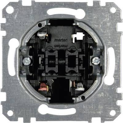 Elektrotechnický spínač bez krytu odhaluje vnitřní zapojení a mechanismy spínače. Popisy na pouzdře jsou viditelné.