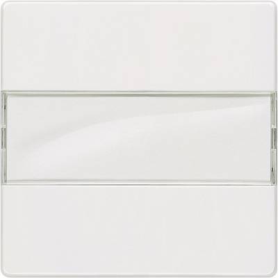 Bílý, čtvercový kryt zásuvky s průhledným pruhem uprostřed. Jednoduché, minimalistické designové řešení.
