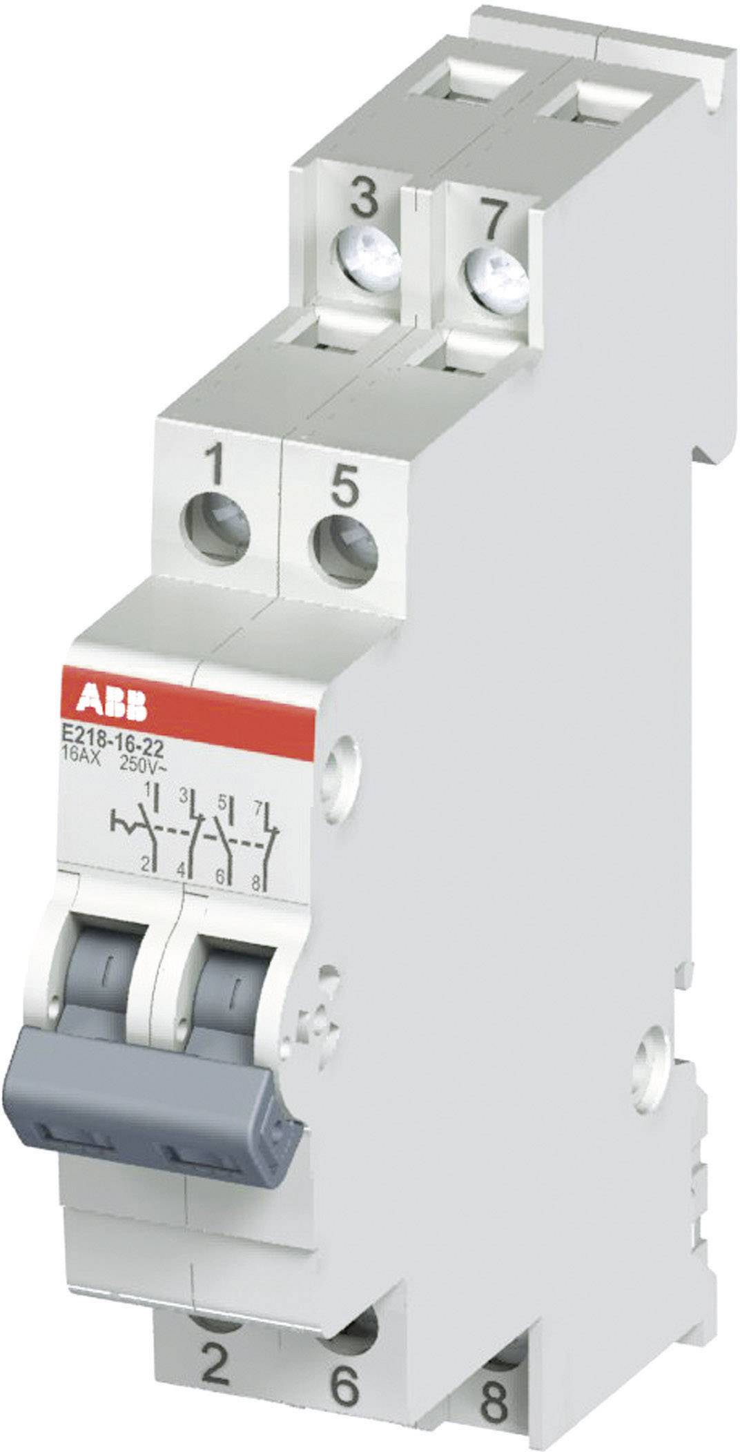 Dvoupólový ochranný spínač od ABB, model E218-16-2Z, zobrazuje spínač a připojení. Funkce pro elektrickou bezpečnost.