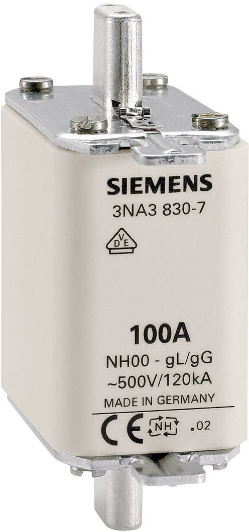 Pojistka 100A od Siemense s číslem modelu 3NA3 830-7. Vhodná pro napětí až do 500V a proud do 120kA. Vyrobeno v Německu.