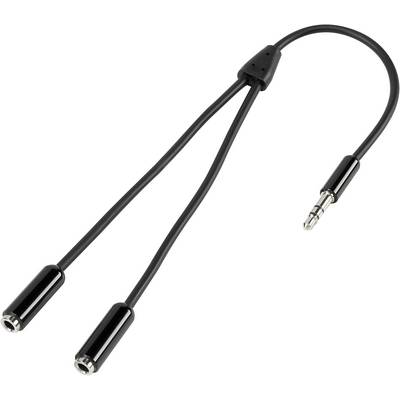 Rozbočovací audio kabel s 3,5mm zástrčkou a dvěma zásuvkami, který umožňuje připojení dvou sluchátek k jednomu zařízení.