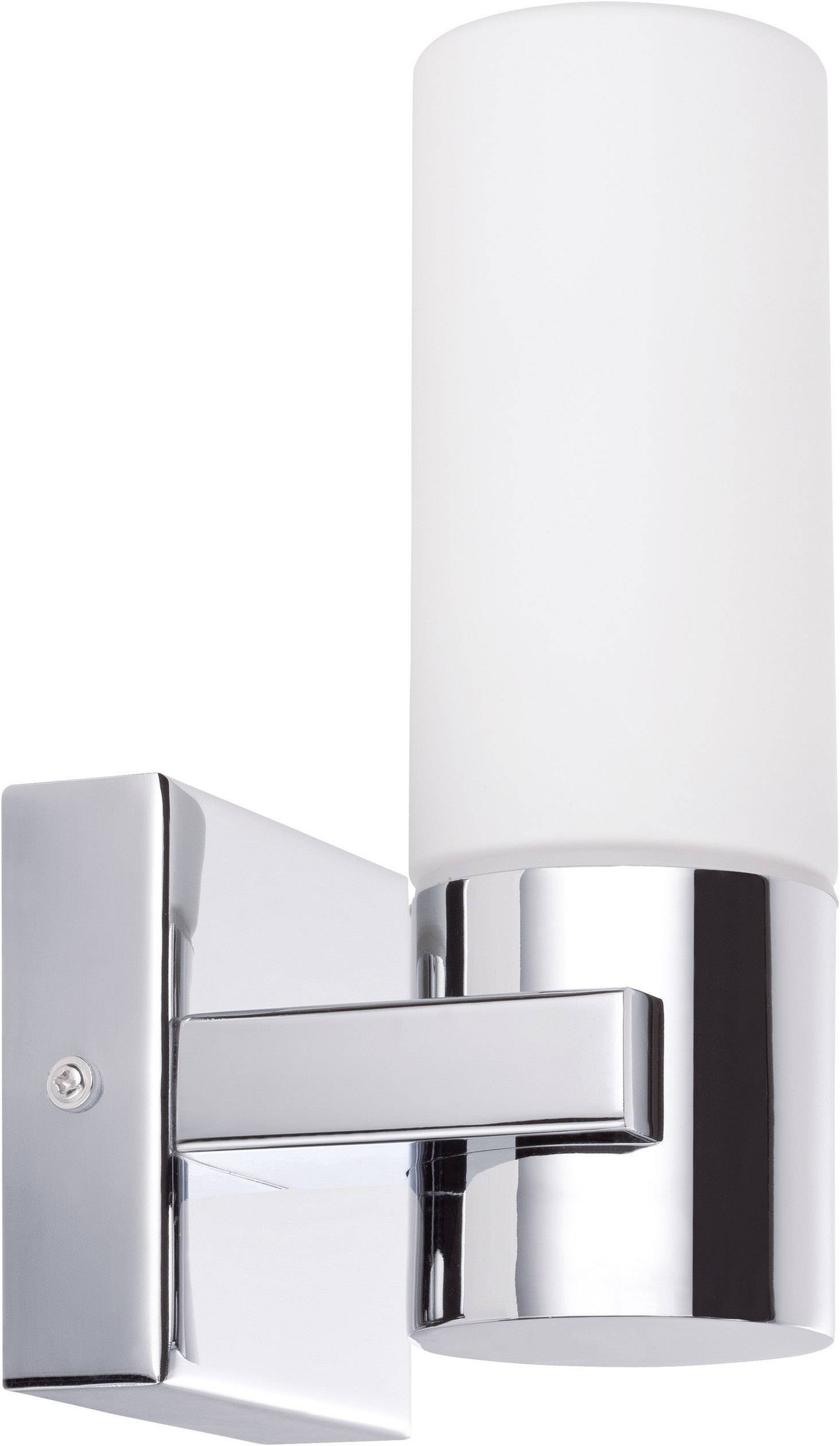 Nástěnná lampa s válcovým, matně bílým skleněným stínidlem a lesklým chromovaným držákem. Minimalistický design pro moderní interiéry.