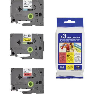 Tři kazety štítků v bílé, žluté a červené barvě, každá 12 mm x 8 m. Obal pro tři pásky zobrazuje technické specifikace produktu.