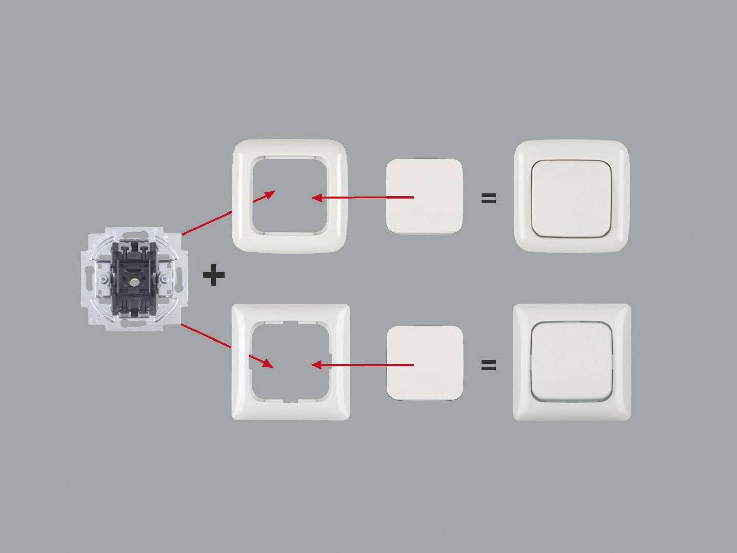 Diagram znázorňuje rámečky a výstupky se šipkami. Jsou zde zobrazeny dvě možnosti montáže vypínače.