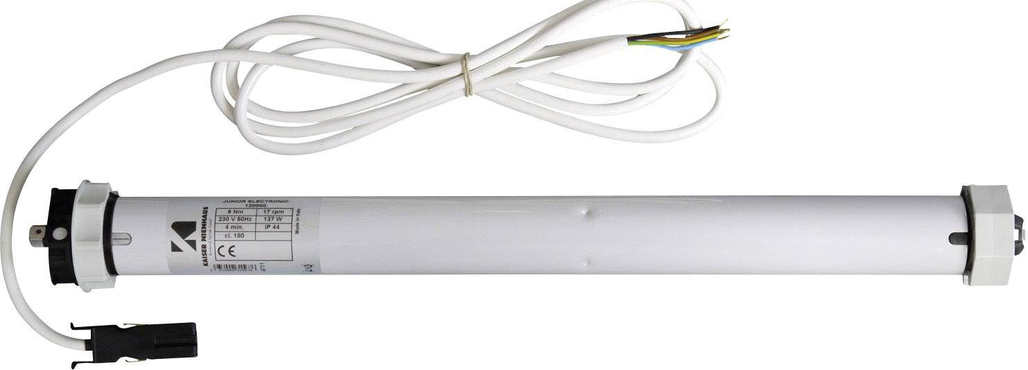 Elektromotor do trubky s připojovacím kabelem pro ovládání rolet nebo markýz, válcovitého tvaru, v bílém provedení, napájecí kabel s holými vodiči.