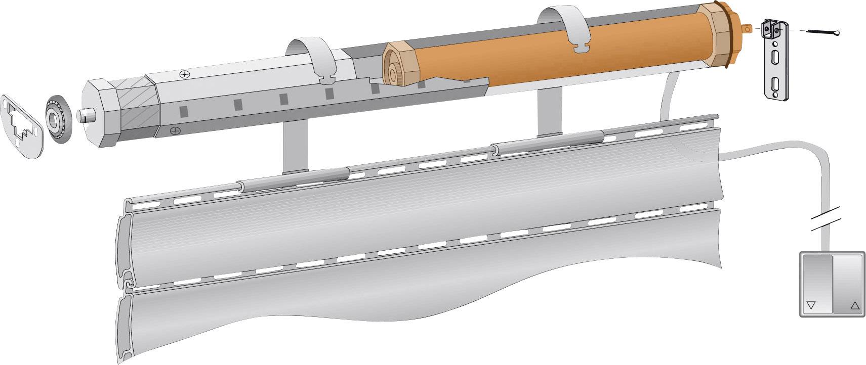 Rozložený výkres roletového motoru s montážními úchyty, kabelem a dálkovým ovládáním. Komponenty jsou detailně znázorněny.