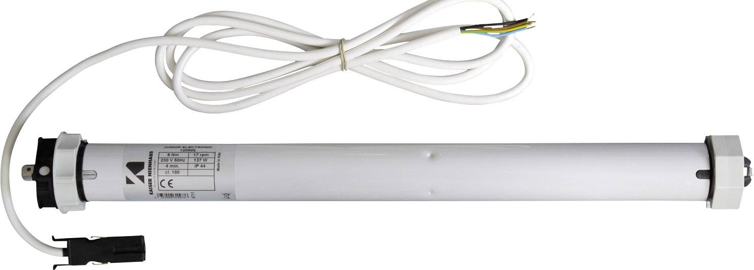 Elektrický trubkový motor s kabelem a připojovací zástrčkou. Vhodný pro vestavbu do rolet nebo žaluzií.