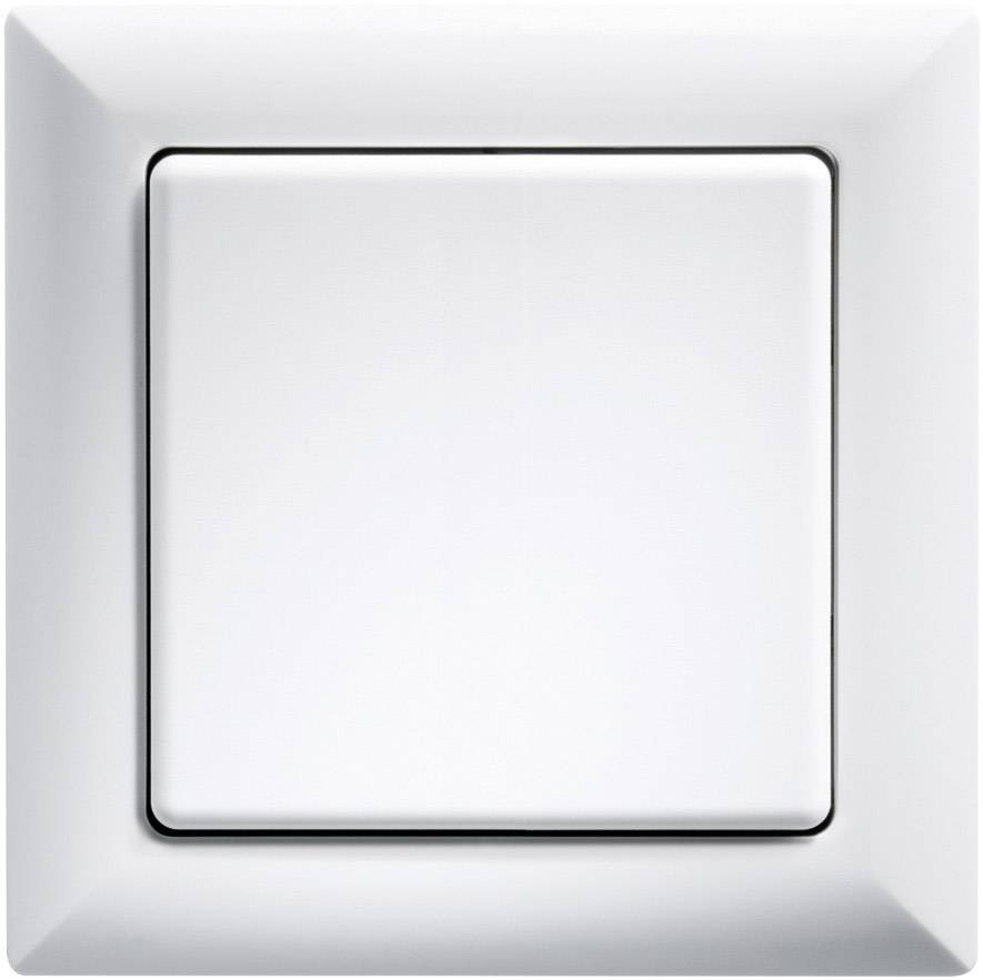 Bílý vypínač na rovném, neutrálním povrchu. Vypínač je čtvercový a má jednoduché, moderní designové provedení.