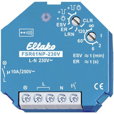 Modrý Eltako spínač 'FSR61NP-230V' zobrazuje symboly a čísla pro elektronickou funkci, bílé šroubové svorky dole.