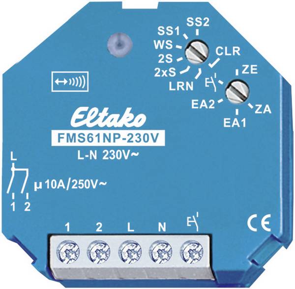 FMS61NP-230V Eltako bezdrátový spínač pohonu  spínač proudového impulsu 1kanálový  pod omítku Spínací výkon (max.) 2000 W Max. dosah 100 m