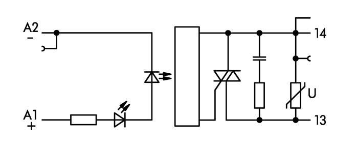 Diagram elektronického obvodu s diodami, rezistory a kondenzátory, znázorňující připojovací body A1, A2, 13, 14, U.