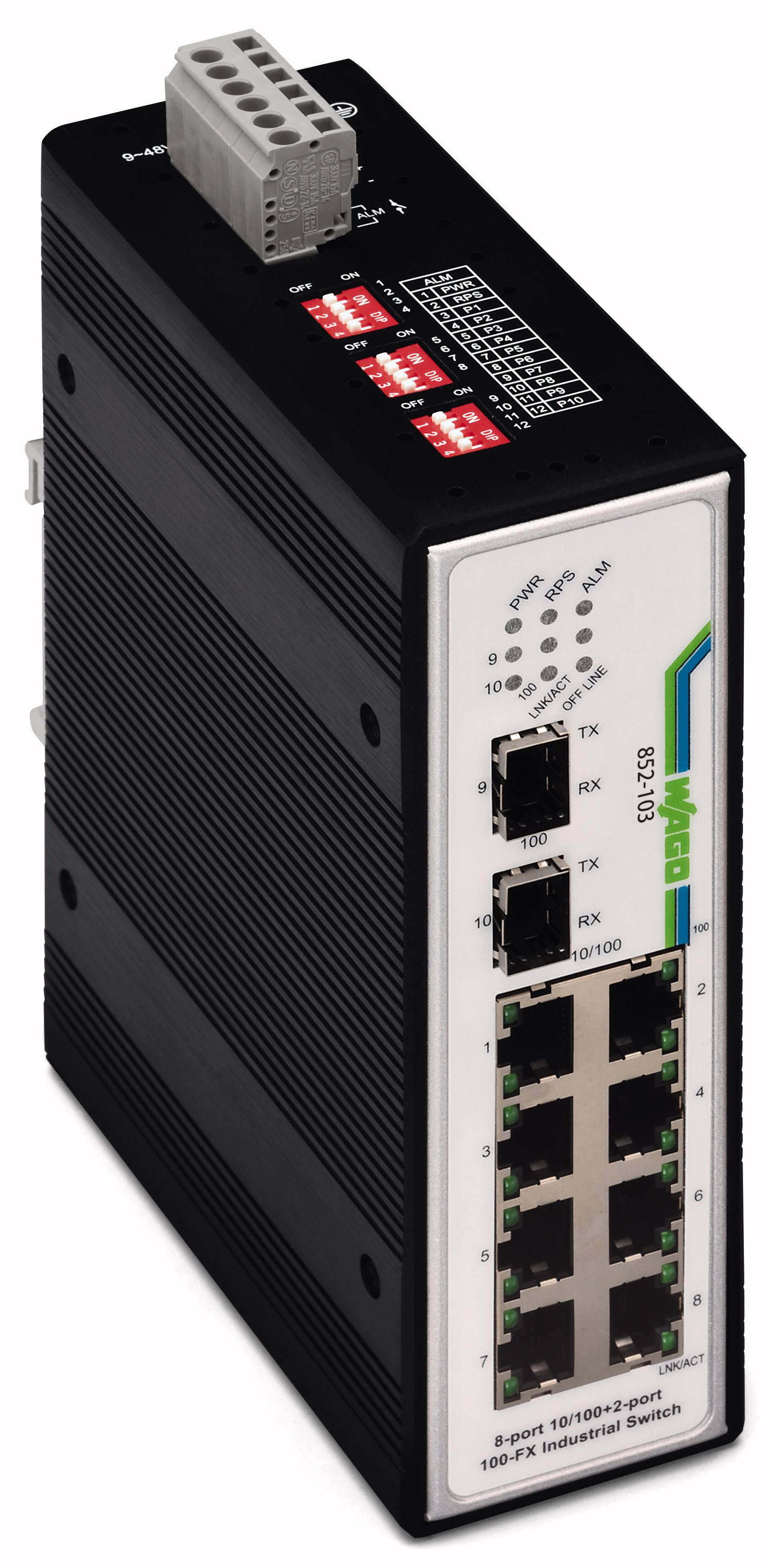 Průmyslový síťový switch s osmi ethernetovými porty a dvěma optickými vláknovými porty, vhodný pro použití v náročných provozních podmínkách.
