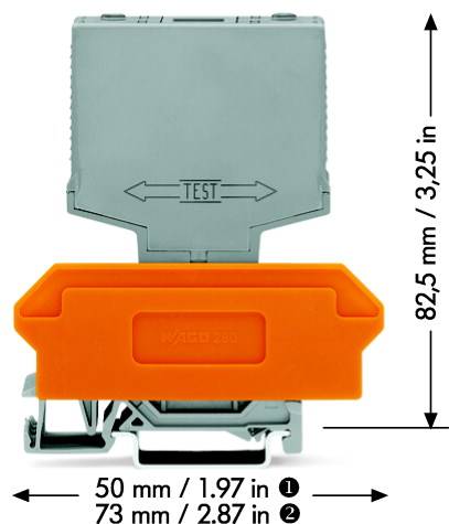 Šedý a oranžový distanční prvek pro DIN lištu s označením 'TEST', rozměry: 82,5 mm výška, 50 mm šířka, 73 mm délka.