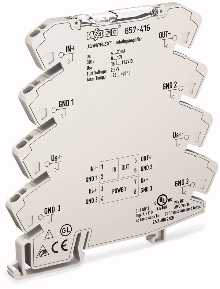 Elektronický modul 'WAGO JUMPFLEX 857-416 izolační zesilovač' pro zpracování signálu, viditelné konektory a specifikace.