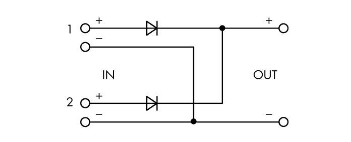 Elektrické schéma usměrňovače. Vlevo: dva vstupy s diodami. Vpravo: výstup '+', '-'. Diody zapojeny sériově.