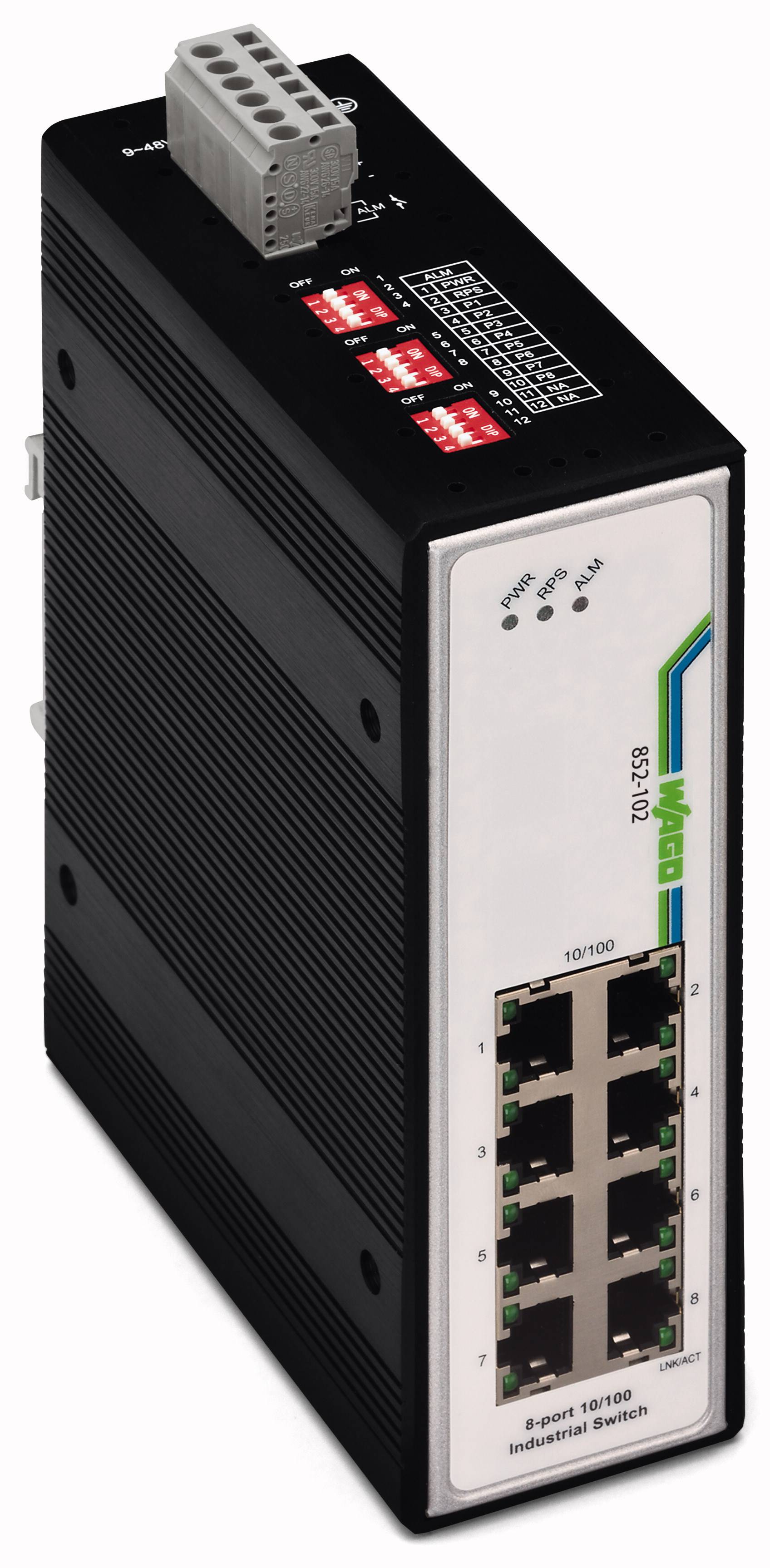 Průmyslový síťový switch se šesti ethernetovými porty a LED indikátory. Číslo modelu a značka jsou viditelné na přední straně.