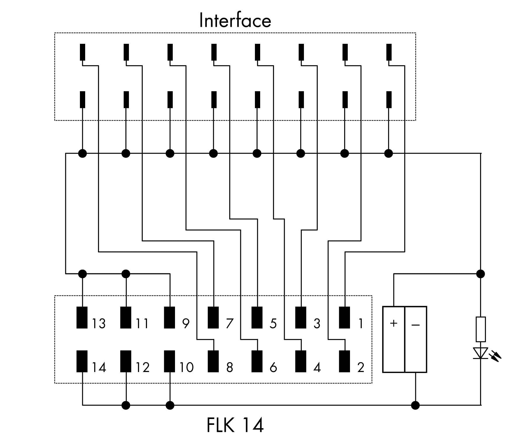 Diagram elektrického obvodu s rozhraním, 14 připojovacími body a rezistorem.