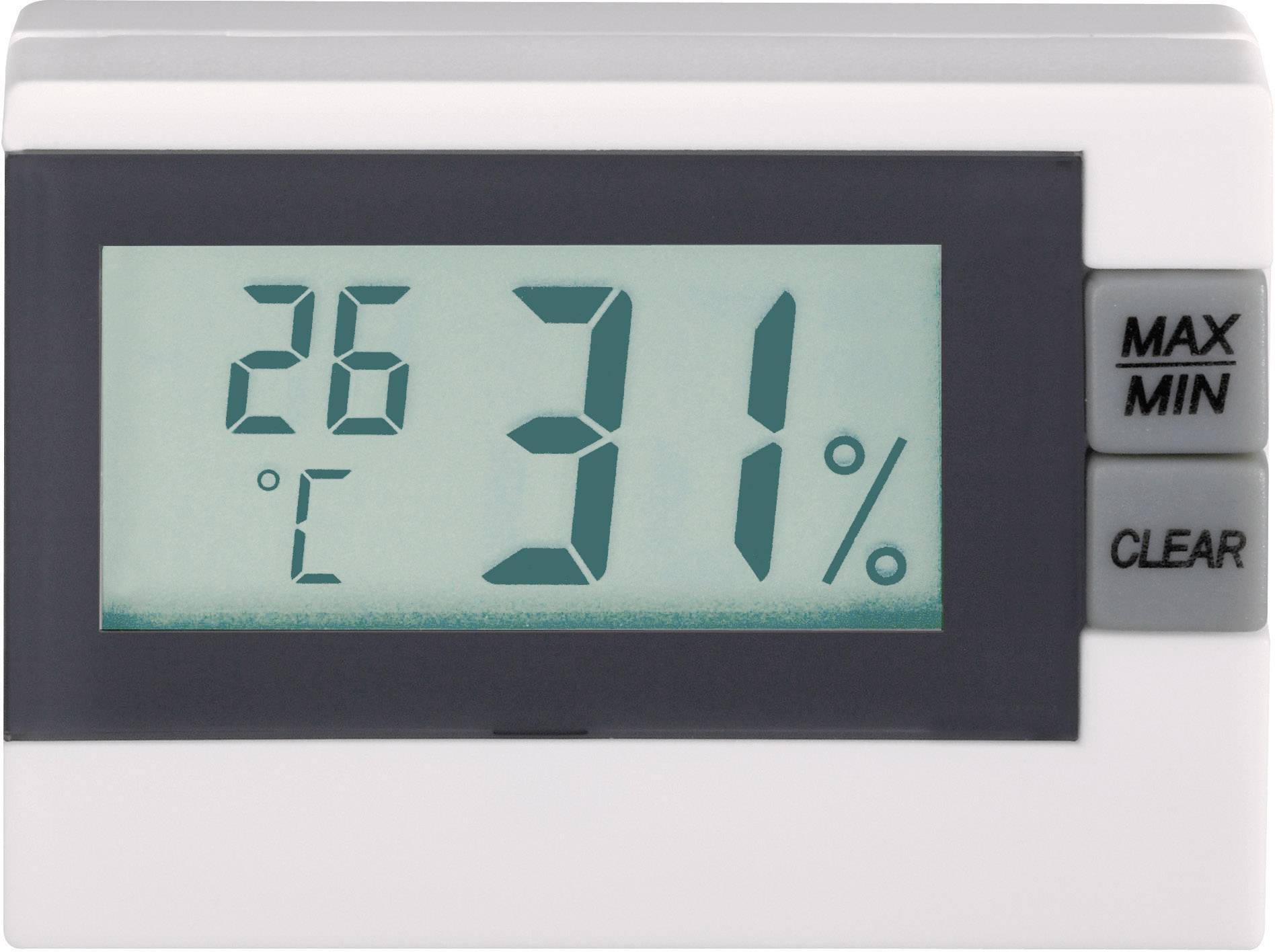 Digitální teploměr ukazuje '26 °C' a vlhkost vzduchu '31 %'. Vpravo jsou viditelná tlačítka s nápisy 'MAX', 'MIN' a 'CLEAR'.