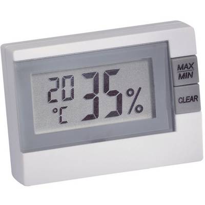 Digitální teploměr-vlhkoměr ukazuje '20°C' a '35%'. Tlačítka na straně: 'MAX/MIN', 'CLEAR'.