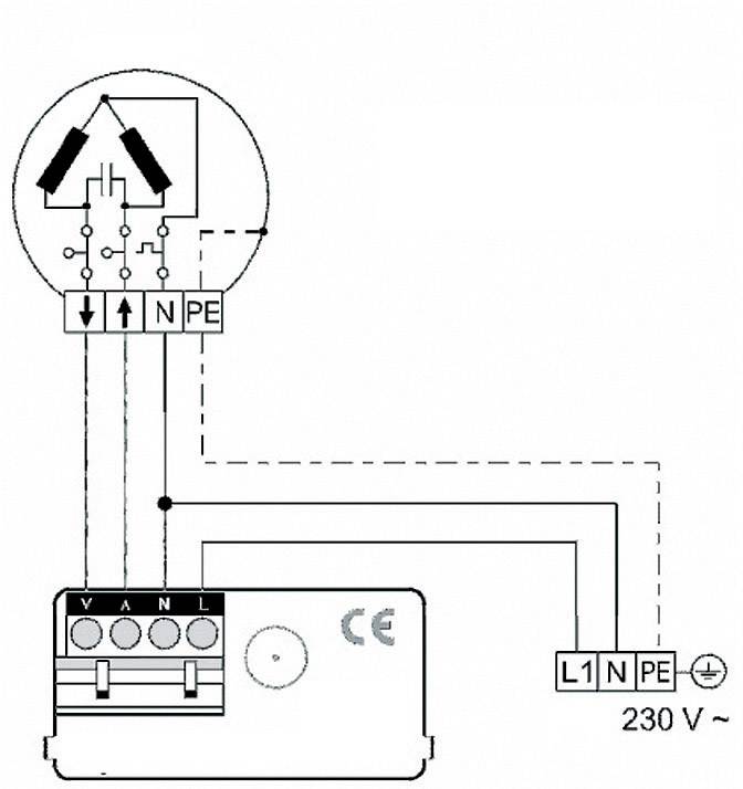 Schéma zapojení elektrického připojení zařízení se symboly pro tok proudu, napětí 230 V a uzemnění (N, L1, PE).