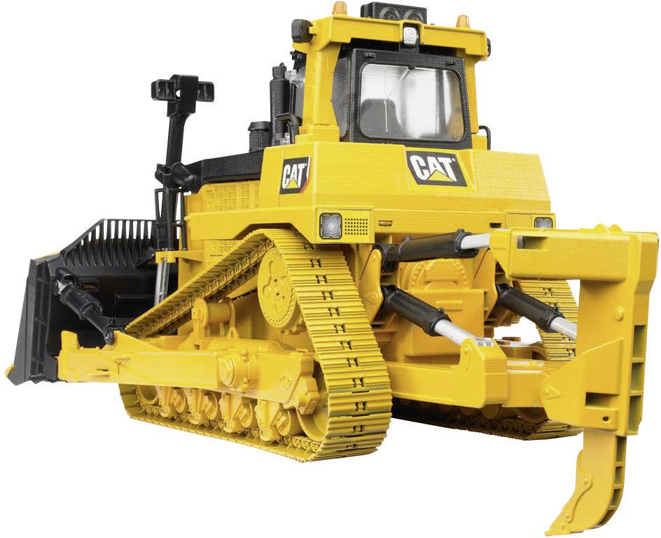 Žlutý buldozer s radlicí vpředu. Má pásové podvozky a logo CAT na boku.