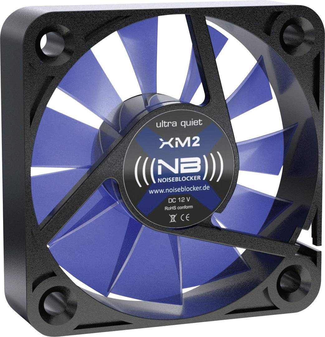 Ventilátor s modro-bílým rotorem, označený jako "ultra tichý" a "Noiseblocker", určený pro počítačové skříně nebo elektronické chlazení.