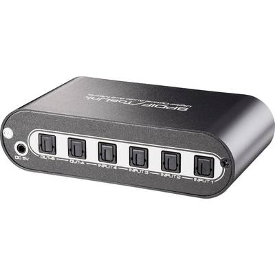 Externí audio přepínač se šesti optickými porty (čtyři vstupy, dva výstupy) a napájecím DC 5V vstupním portem.
