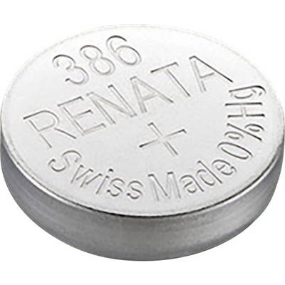 Stříbrná knoflíková baterie s nápisem '386 RENATA Swiss Made 0%Hg'.