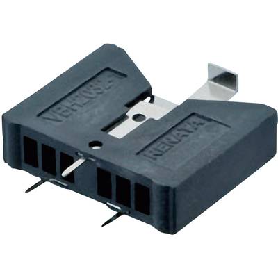Černá elektrická součástka s ocelovými jazýčky a kolíky pro připojení do slotu. Na horní straně opatřena reliéfním značením.