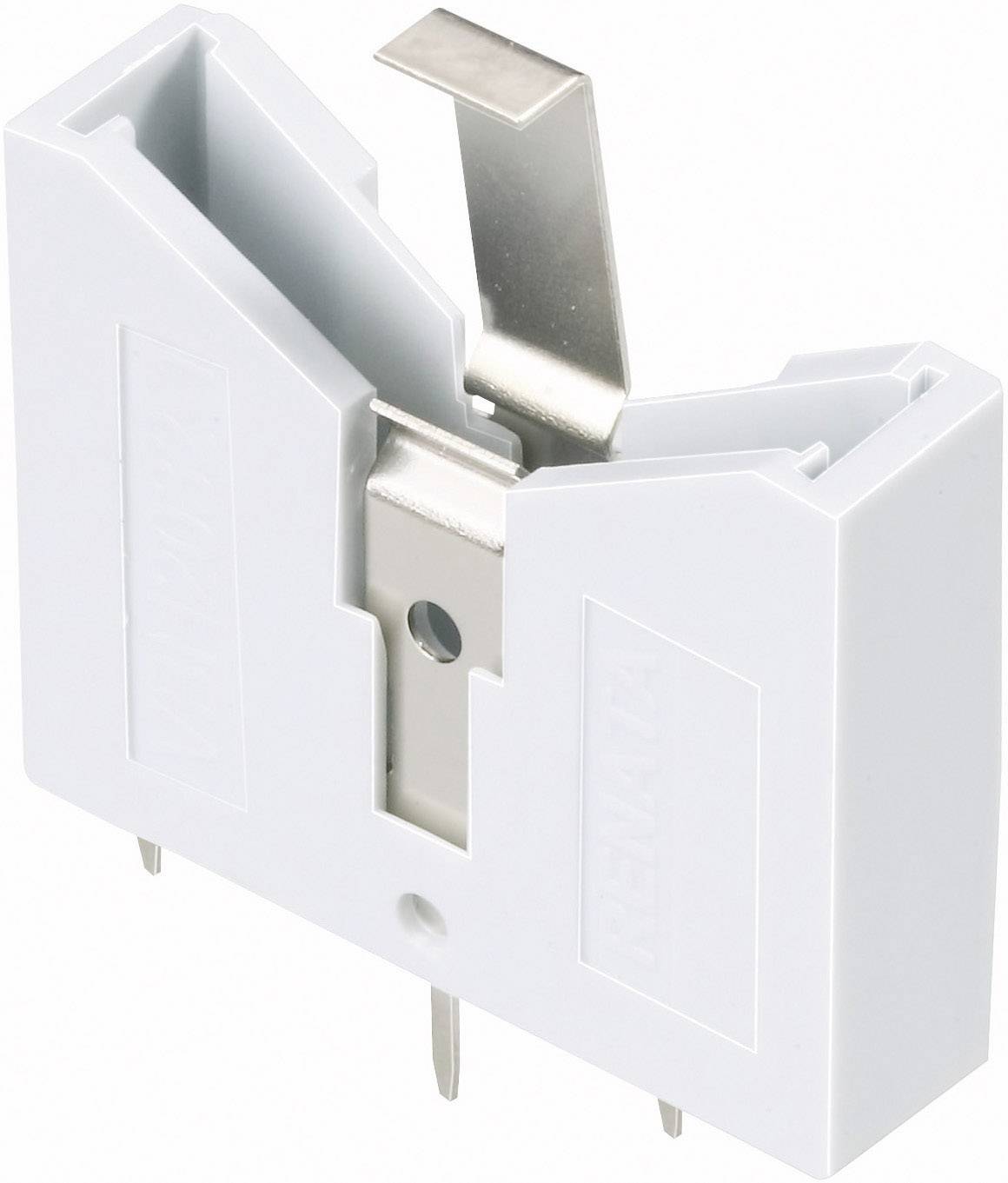 Bílá elektrická komponenta s kovovým kontaktem a třemi zástrčkovými přípojkami, pravděpodobně držák vysokoproudové pojistky.