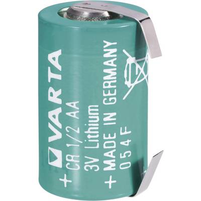 Lithiová baterie s nápisem 'VARTA CR 1/2 AA, 3V Lithium, Vyrobeno v Německu'. Zelená buňka se dvěma kovovými sponkami.