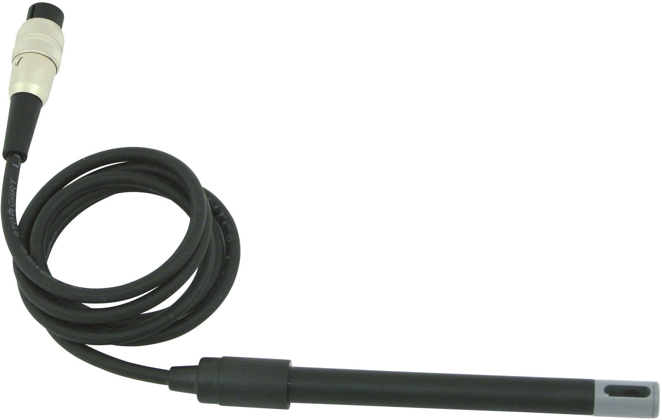 Černý kabel s čidlem na konci, používaný k měření fyzikálních parametrů, jako jsou teplota nebo vlhkost.
