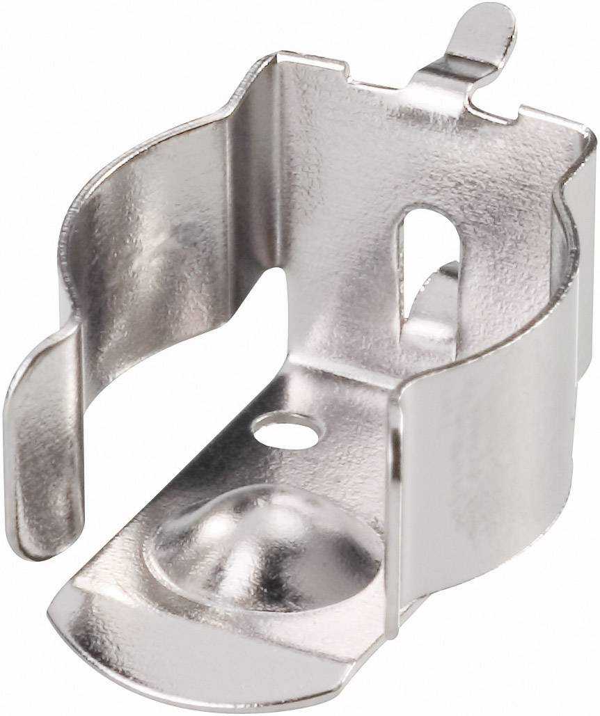 Stříbrný kovový klip s kruhovým podstavcem a dvěma postranními rameny, určený k upevnění předmětů na povrchu.