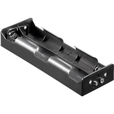 Černý držák baterií pro dvě baterie s kovovými kontakty a pružinovým mechanismem v obdélníkovém tvaru.