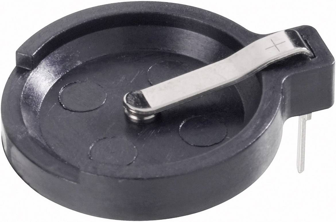 Černý plastový držák knoflíkové baterie s integrovaným kovovým klipem, vhodný pro uchycení knoflíkové baterie.