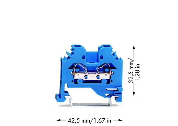 Modré elektrické terminální zařízení, široké 42,5 mm a vysoké 32,5 mm, s viditelnou kovovou svorkou.