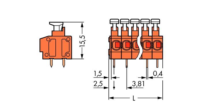 Technický výkres vícepolohové zástrčky v boční a čelní perspektivě s rozměry. Indikativní pro elektrická připojení.