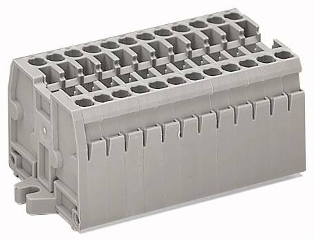 Šedý, vícepolový konektor, často používaný v elektrických aplikacích pro propojování kabelů v rozvaděčích.