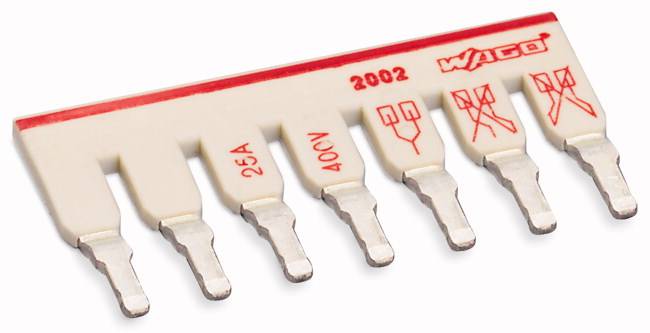 Obrázek připojovacího prvku WAGO se šesti kontakty, označený štítkem '25A' a '400V', pro elektrické obvody.