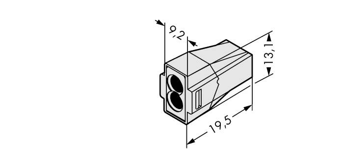 Obrázek ukazuje technický výkres konektoru ve 3D s rozměry: 9,2 x 19,5 x 13,1 milimetrů.