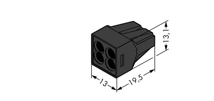 Pohled na konektor zepředu, čtvercový tvar se čtyřmi kulatými otvory; rozměry: 13 mm široký, 13,1 mm vysoký, 19,5 mm hluboký.