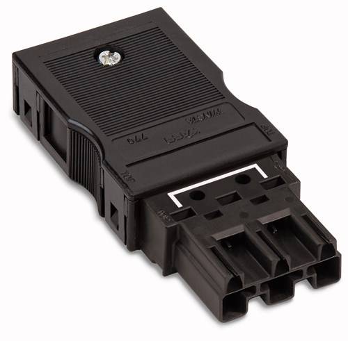 Černý elektrický konektor s několika připojovacími zdířkami a šroubem pro upevnění.