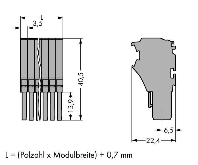 Technický výkres konektoru s rozměry. Výška 40,5 mm, šířka 13,9 mm, hloubka 6,5 mm. Výpočet spojovací síly níže.